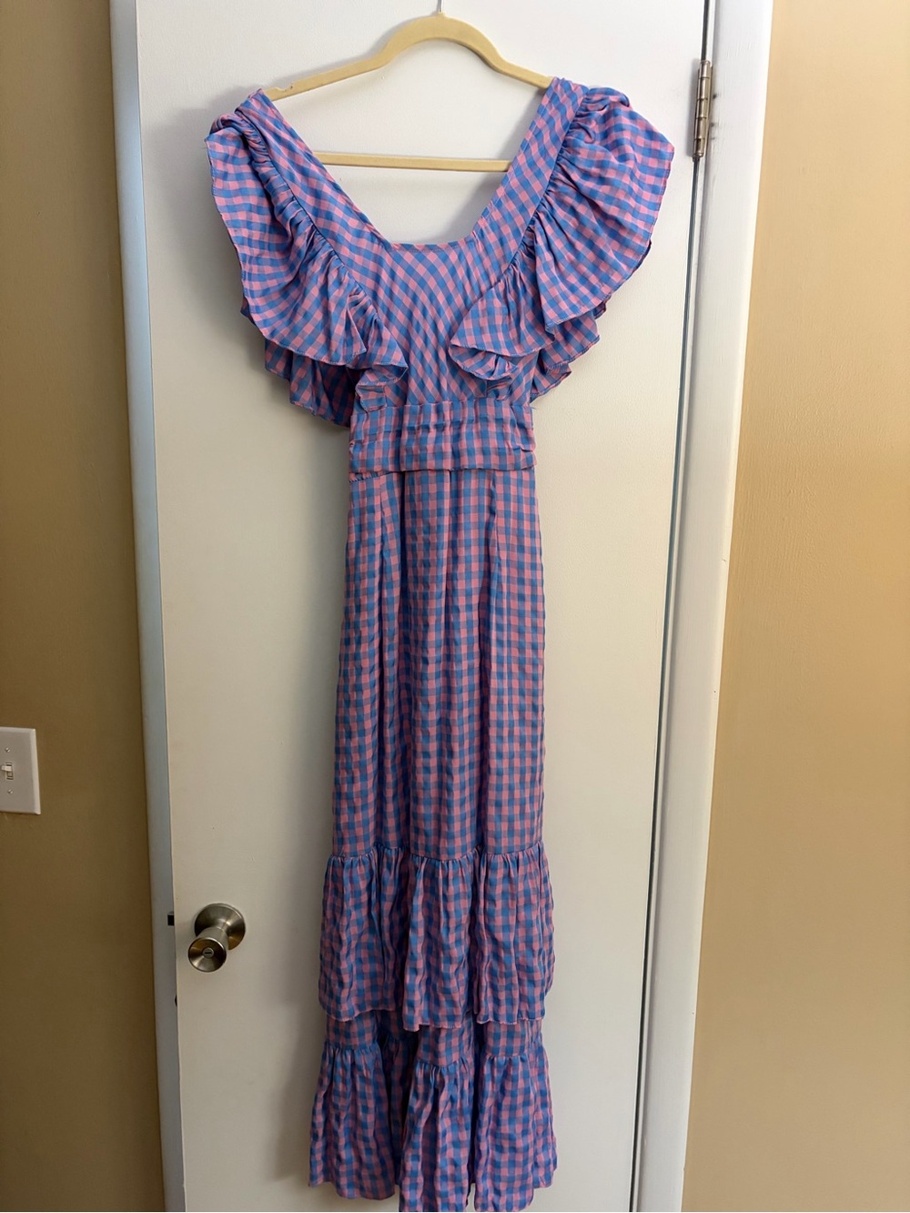Entro Pink & Blue Gingham Ruffle Maxi Dress Size Small